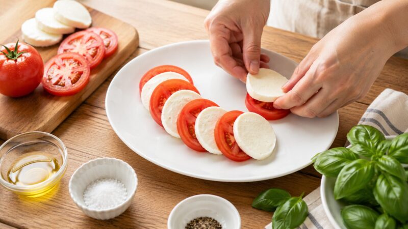 カプレーゼ 作り方が分かるトマトとモッツァレラの盛り付け途中
