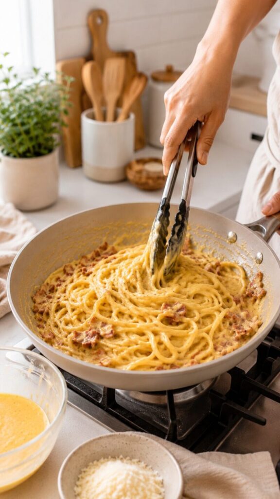 フライパンでカルボナーラのソースをスパゲッティに絡めている様子