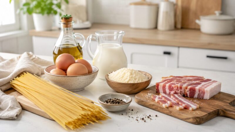 スパゲッティ、卵、牛乳、粉チーズ、ベーコンを並べたカルボナーラの材料