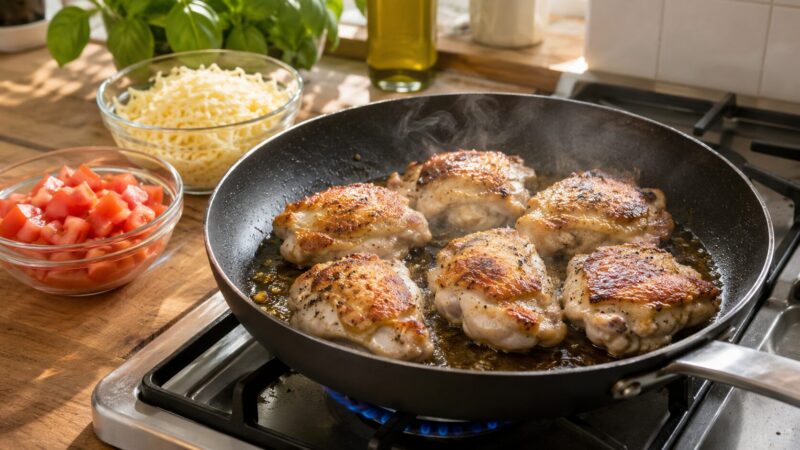 フライパンで鶏も
も肉を焼くイタリ
アンチキンの調理
工程