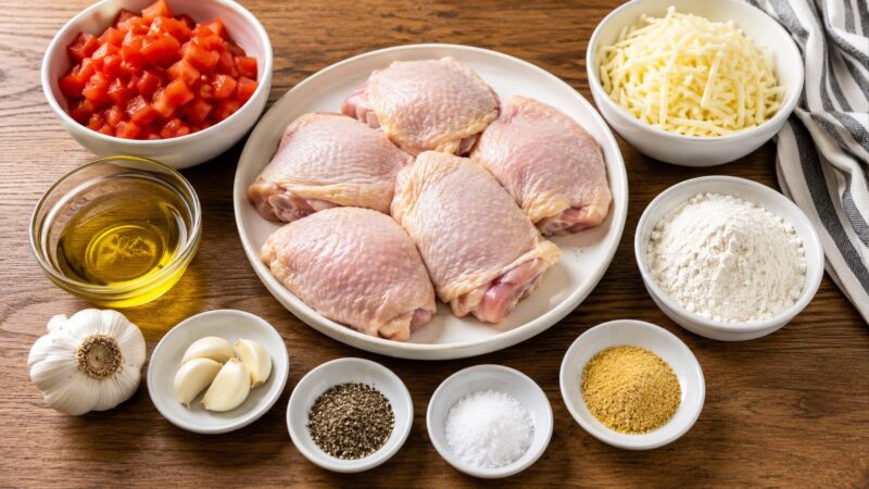 鶏もも肉とトマ
ト、チーズなどイ
タリアンチキンの
材料