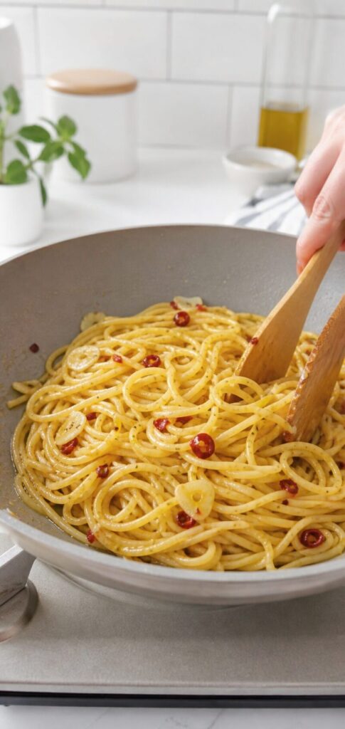 フライパンでペペロンチーノのパスタを混ぜている様子