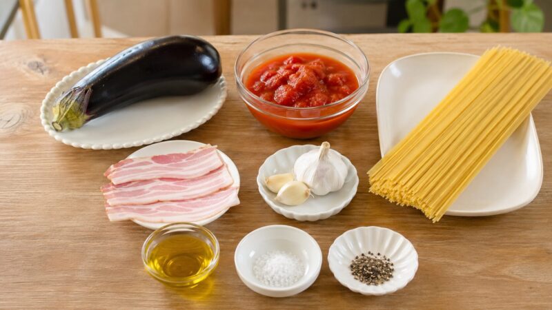 なす、ベーコン、トマト缶、スパゲッティを並べた材料写真