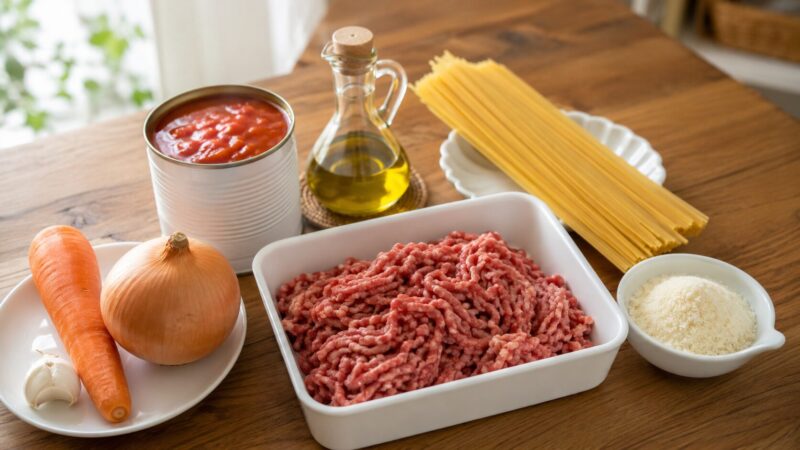 トマト缶とひき肉で作るミートソースパスタの材料
