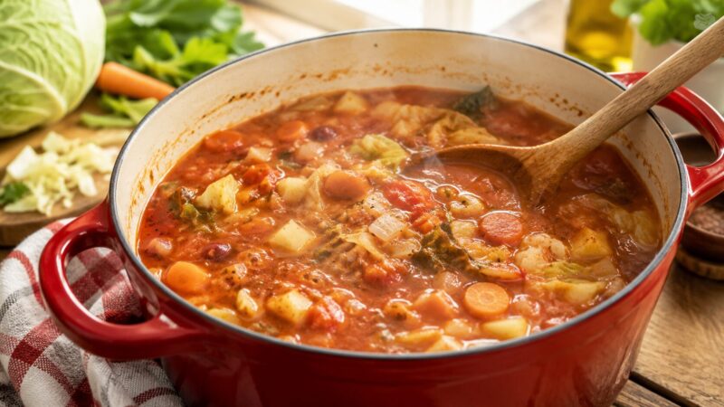 鍋で煮込む具だくさんミネストローネ。トマト缶で作る野菜スープの調理工程写真。