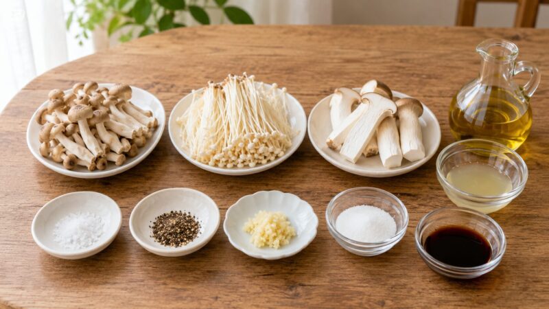 きのこマリネの材料 きのこマリネに使うしめじ、えのき、エリンギ、調味料を並べた材料写真