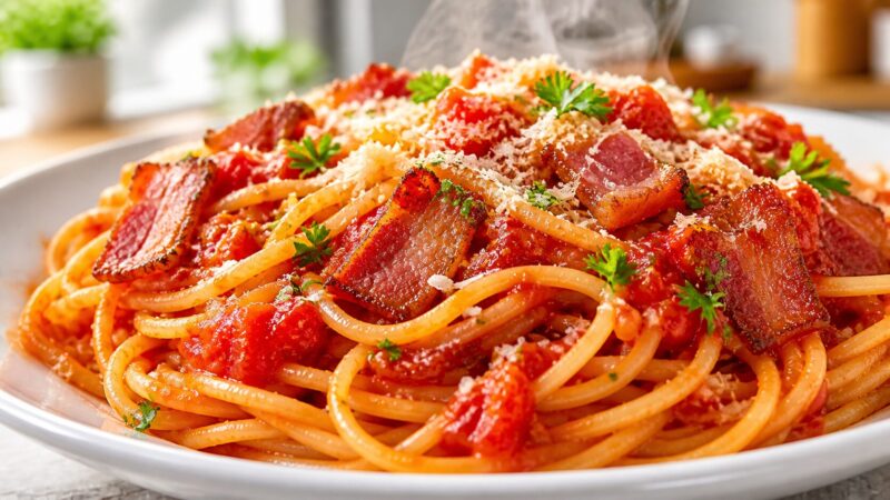 ワンパンで作るトマトベーコンパスタ