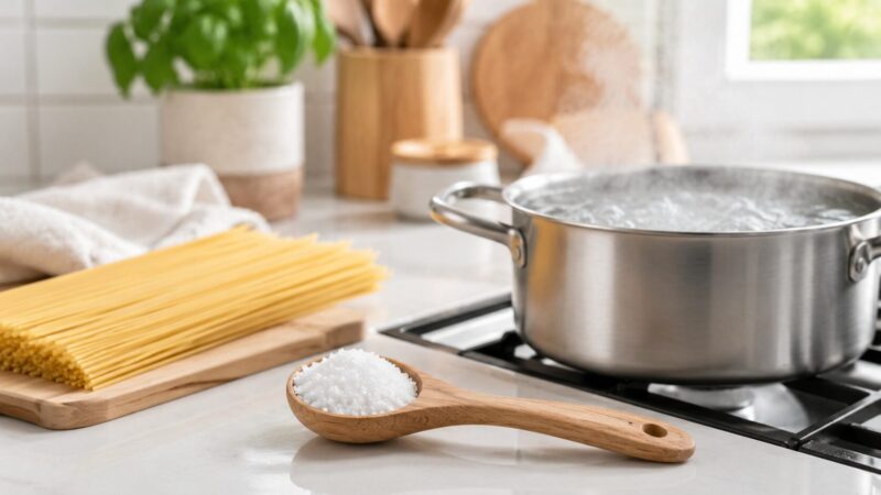計量スプーンに入った塩と乾燥スパゲッティ、沸騰した鍋