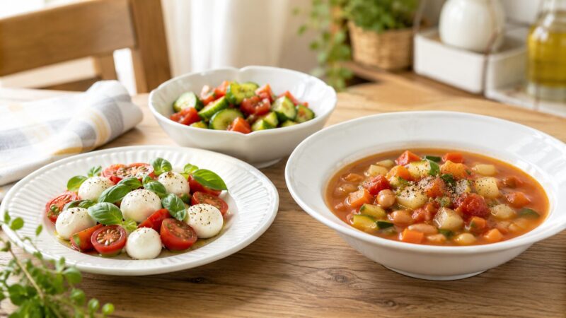 パスタに合う副菜として、カプレーゼ風ミニサラダ、トマトときゅうりのマリネ、ミネストローネ風野菜スープを並べた食卓。