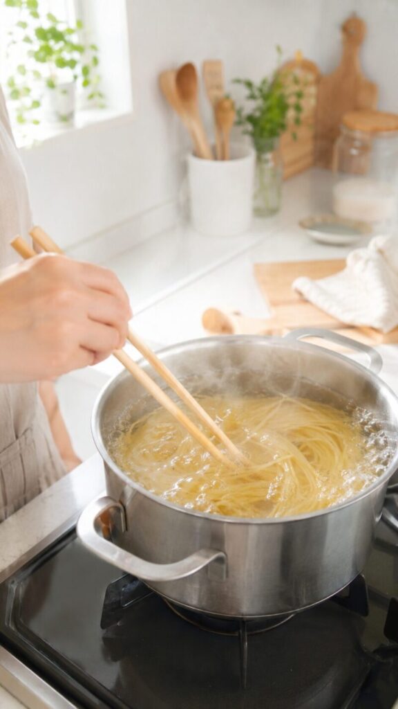 鍋でスパゲッティをゆでながら菜箸で混ぜている様子