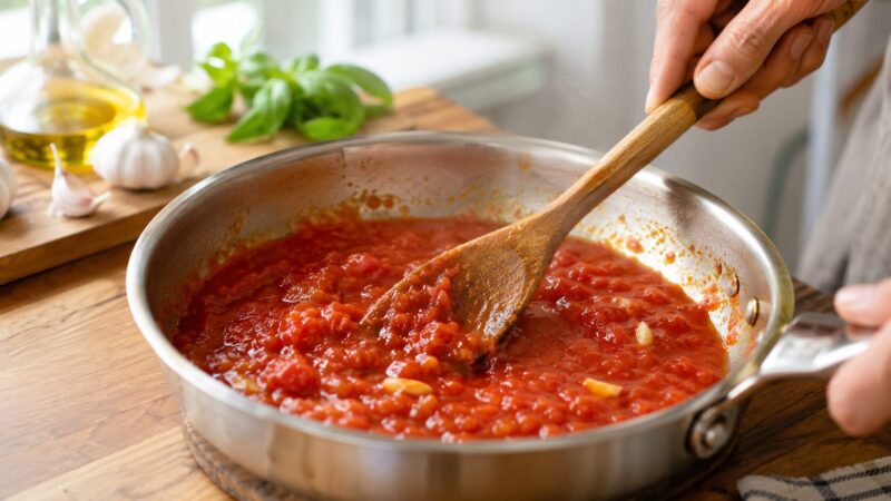 フライパンで余ったトマト缶を煮詰めて簡単トマトソースにしている様子