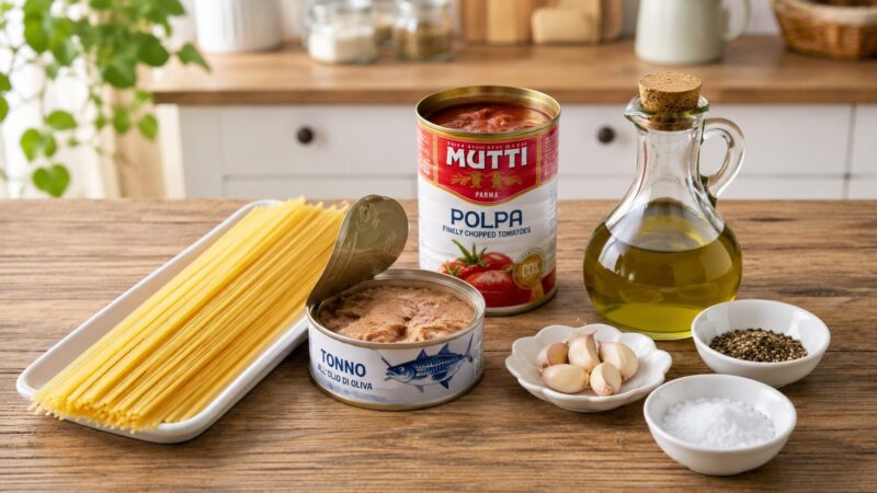 ツナ缶とトマト缶で作る簡単トマトパスタの材料
