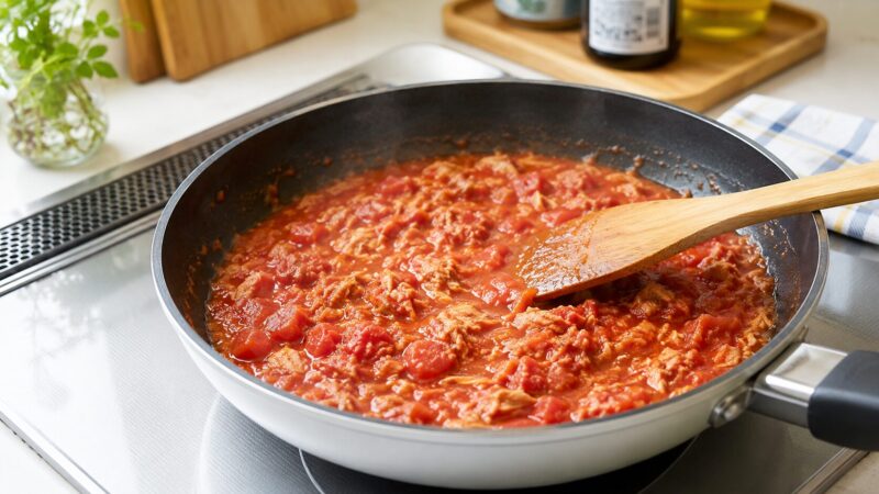 フライパンでツナとトマト缶を煮詰めている工程