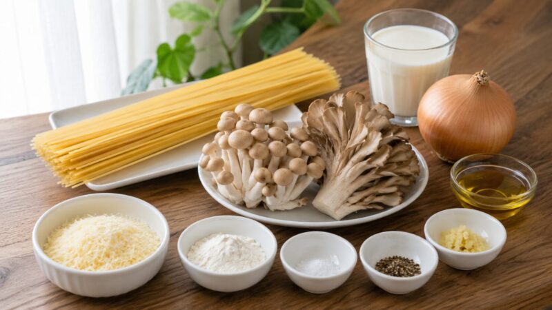 きのこクリームパスタに使うスパゲッティ、きのこ、牛乳、粉チーズなどの材料写真